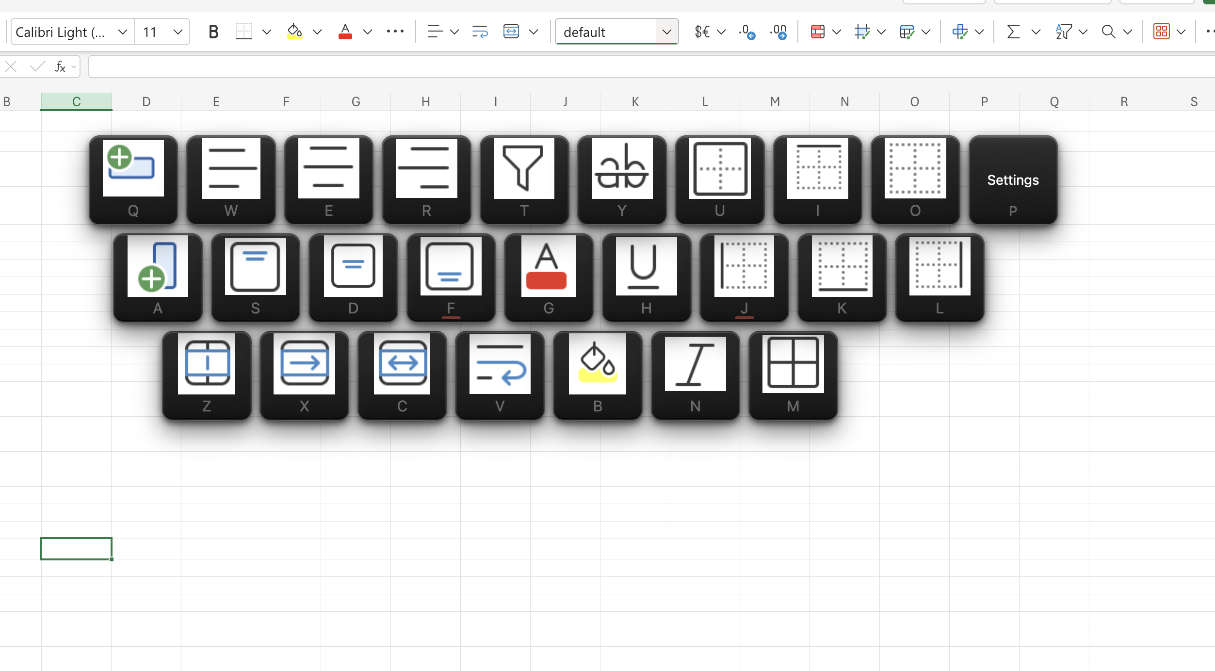 Excel のショートカットを ShortcutCast のグリッドに展開した例